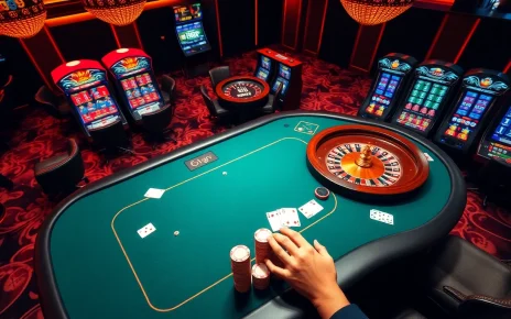 Adegan kasino Dewanaga89 yang menampilkan meja poker berwarna cerah dan roda roulette dengan para pemain yang terlibat.