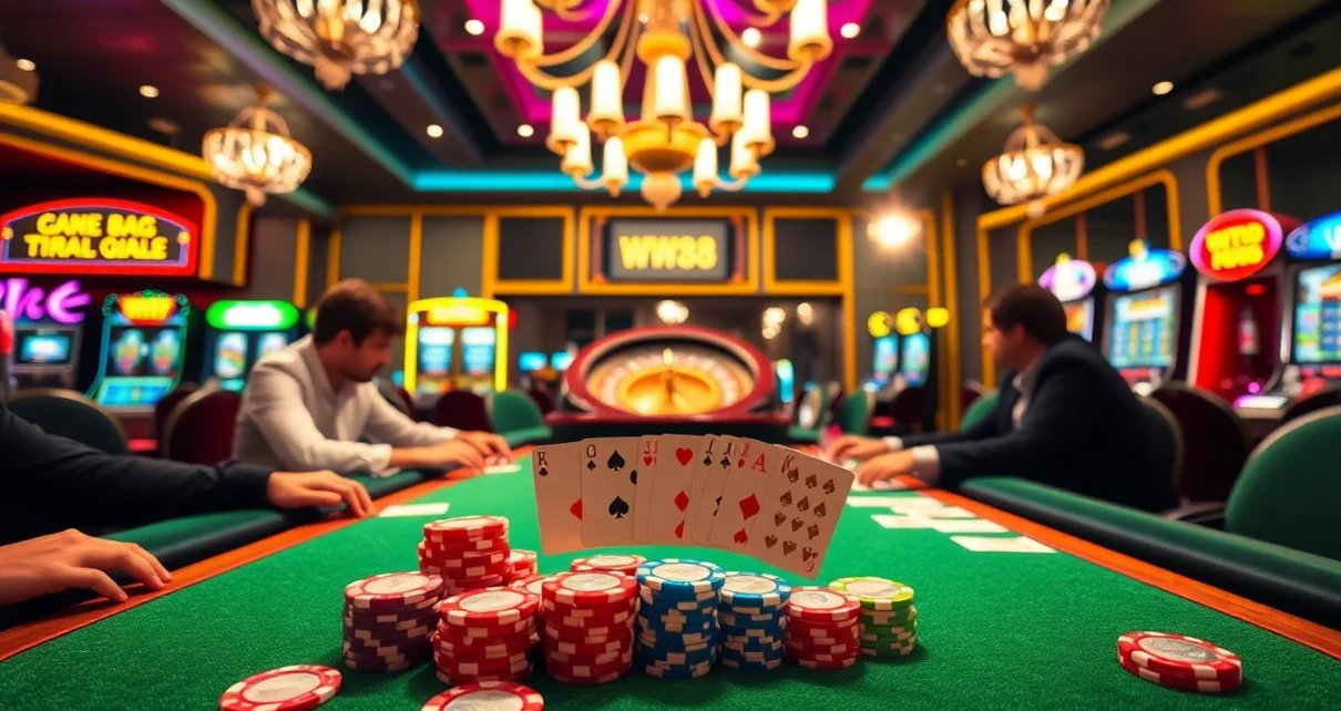 Experience the excitement of WW88 at a vibrant poker table with bright lights, chips, and cards.