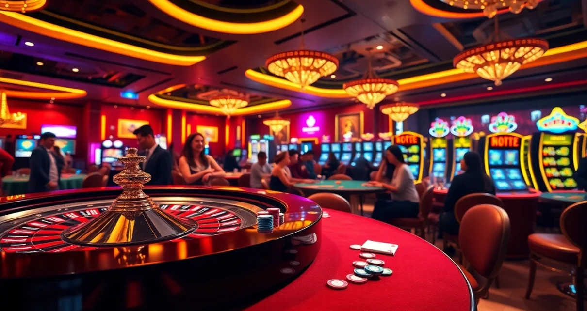 Experience the thrill of gambling at Hello88 with players enjoying casino games and vibrant atmosphere.