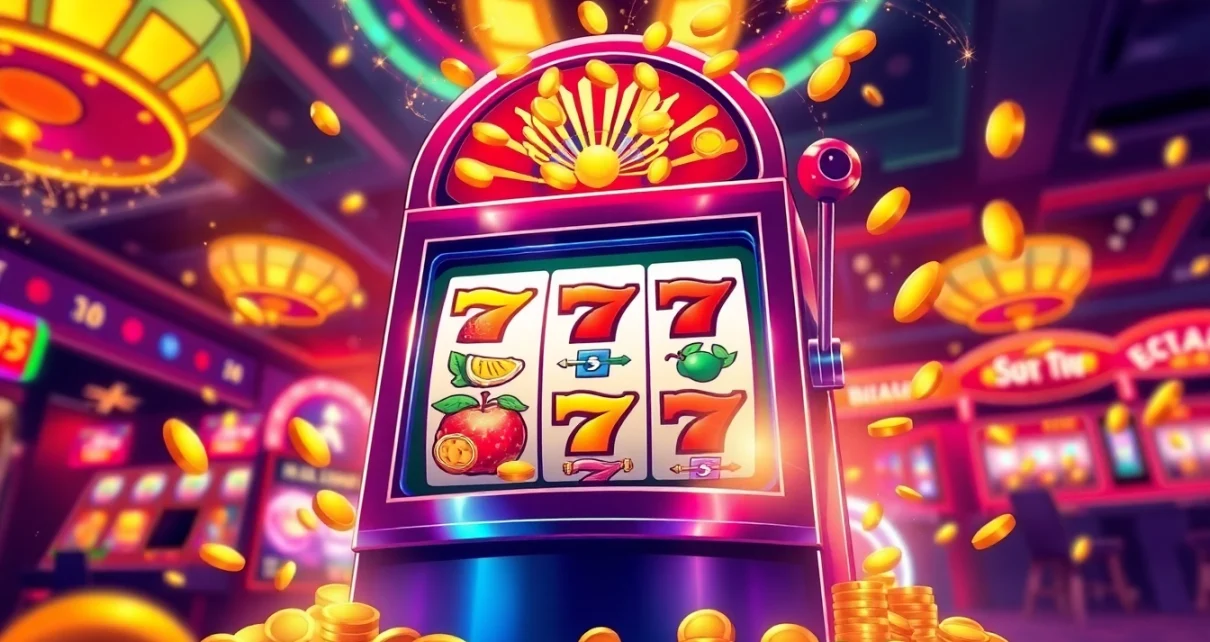 Slot gacor dengan mesin slot yang penuh warna dan koin berhamburan merayakan kemenangan.
