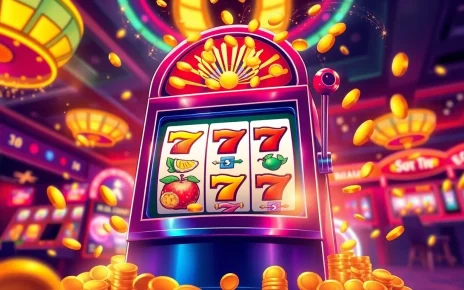 Slot gacor dengan mesin slot yang penuh warna dan koin berhamburan merayakan kemenangan.