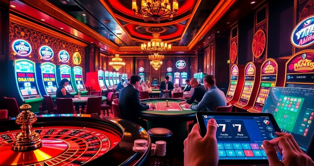 Exciting gambling scene at https://777gapp.com.br featuring poker players, roulette tables, and luxurious casino ambiance.