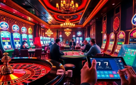 Exciting gambling scene at https://777gapp.com.br featuring poker players, roulette tables, and luxurious casino ambiance.