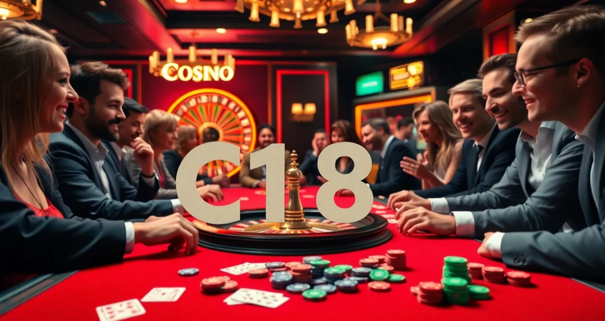 Players joyfully engaging at a C168 poker table amidst vibrant casino decor.