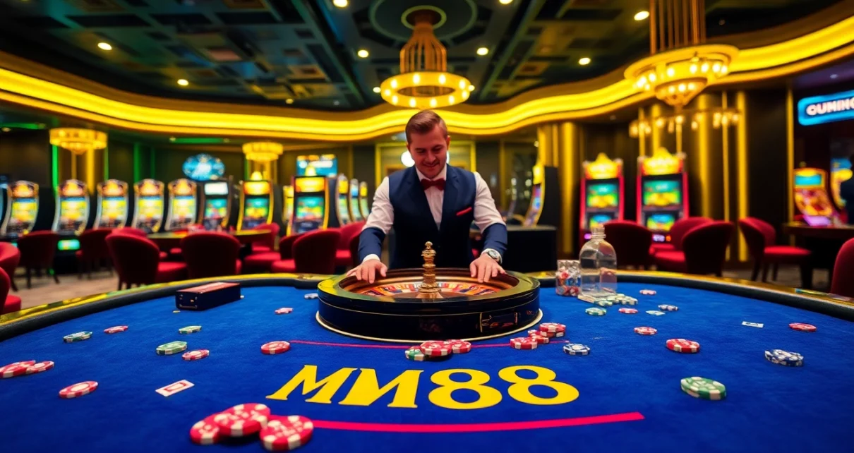 Experience the thrill of winning at MM88's luxurious casino with vibrant gaming tables.