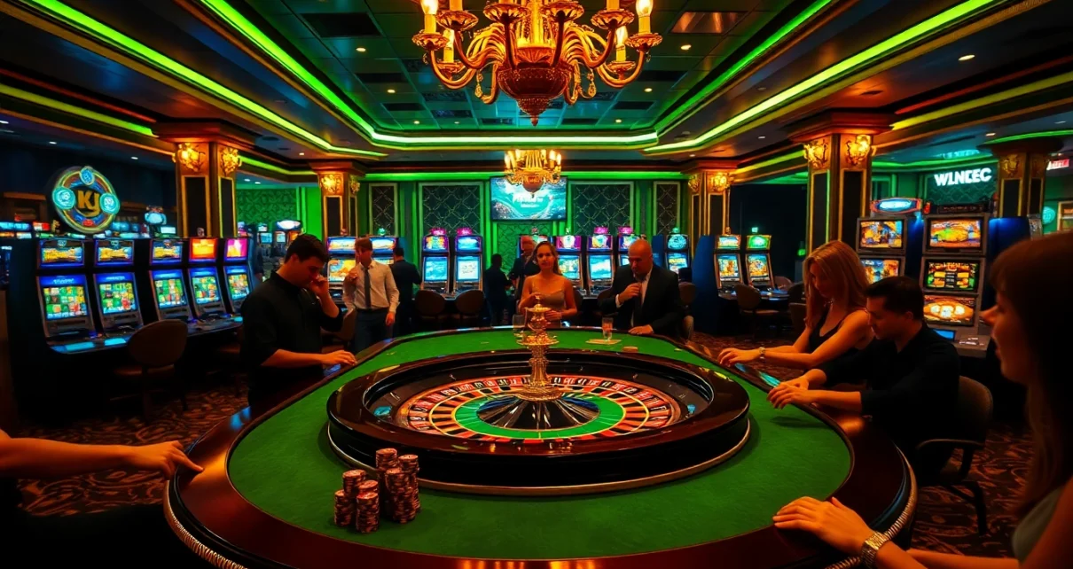 Experience thrilling gameplay with KJC at a luxurious casino, featuring roulette and vibrant slot machines.