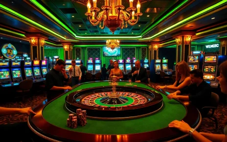 Experience thrilling gameplay with KJC at a luxurious casino, featuring roulette and vibrant slot machines.