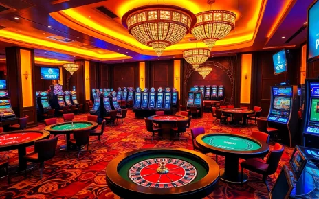 The lively PG 99 casino scene with tables for card games, roulette wheels, and vibrant slot machines.