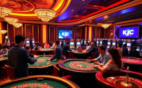 KJC casino players enjoying a thrilling game experience with luxurious tables and vibrant atmosphere.