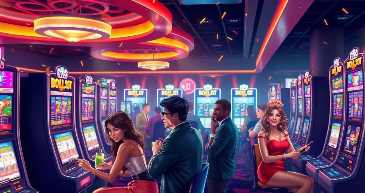 Dynamic casino scene with players at doaslot machines, showcasing anticipation and excitement in a vibrant setting.