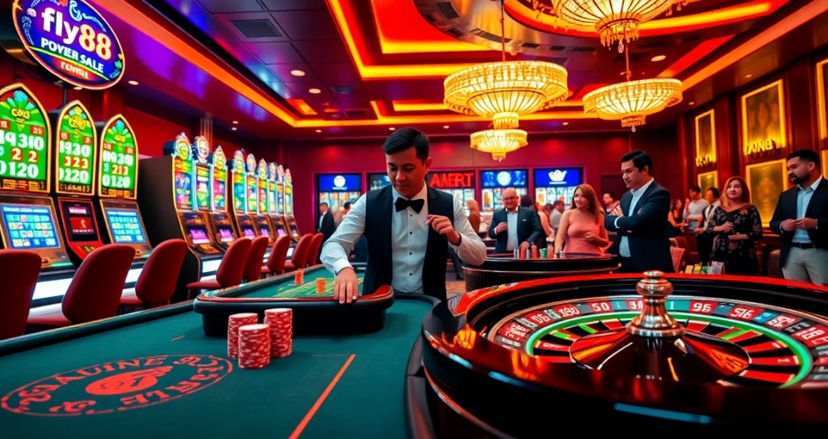 Experience Fly88's vibrant casino with top gaming action, luxurious decor, and thrilling atmosphere.