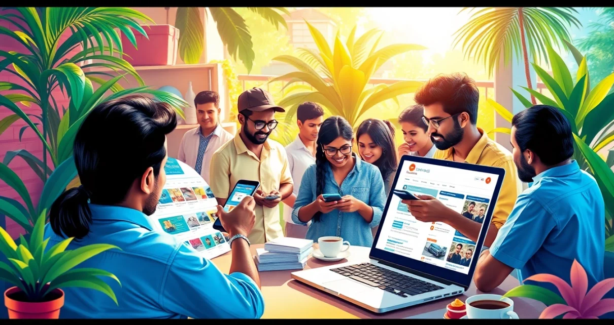 Lanka Add advertisement posting scene in a vibrant Sri Lankan marketplace, showcasing digital interactions and classified ads.