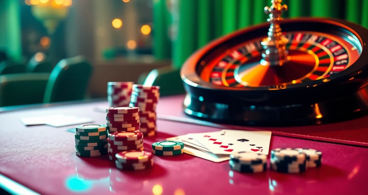 Engage with the thrill of betting at bet88 with an upscale casino scene capturing poker chips and roulette excitement.