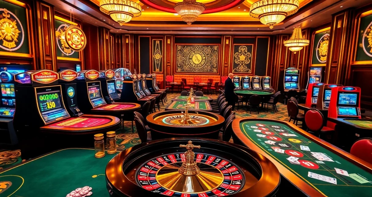 C168 casino scene with engaging players at roulette and poker tables, showcasing excitement.