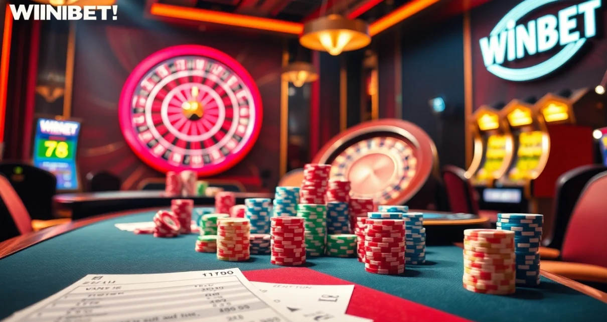 Players enjoying poker at a luxurious WINBET casino table, surrounded by vibrant slot machines.