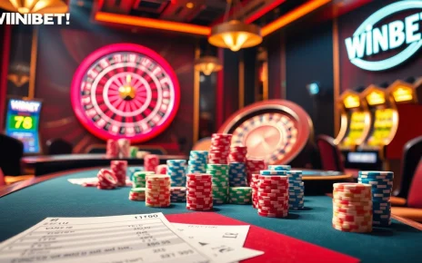 Players enjoying poker at a luxurious WINBET casino table, surrounded by vibrant slot machines.