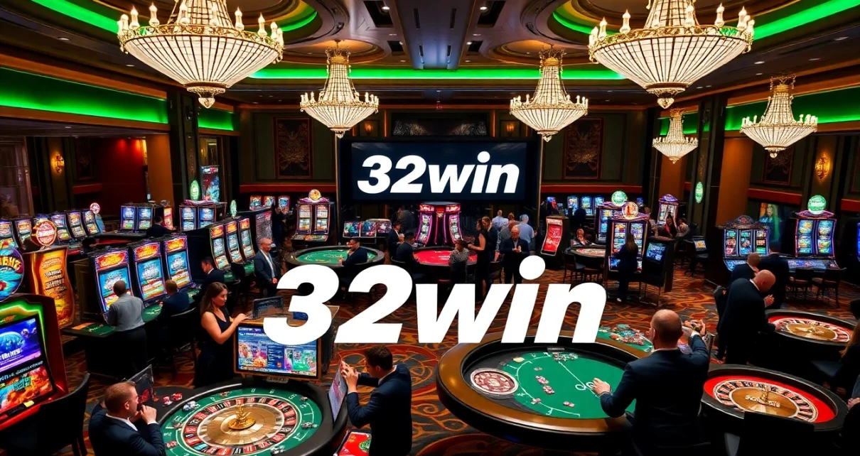 Exciting gaming action at 32win casino featuring poker tables and slot machines.