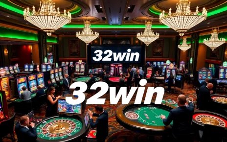 Exciting gaming action at 32win casino featuring poker tables and slot machines.