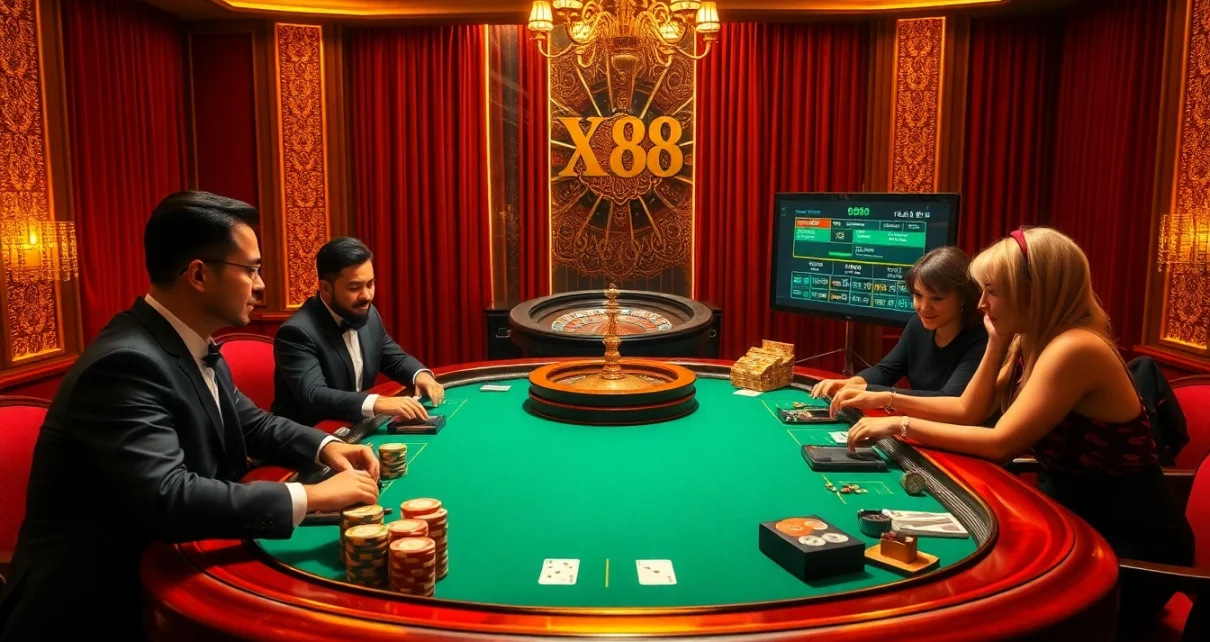 XX88 poker table scene with players and professional dealers showcasing excitement in a luxurious casino setting.