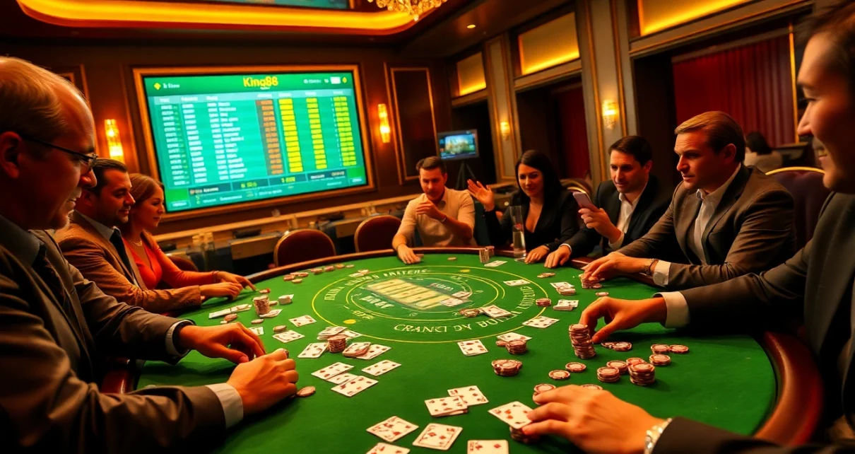 King88 casino scene with players enjoying blackjack, showcasing excitement and luxury in gambling.