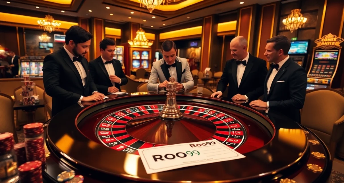 Engage in high-stakes gambling at a luxurious casino showcasing Roo99 betting slips on a roulette table.