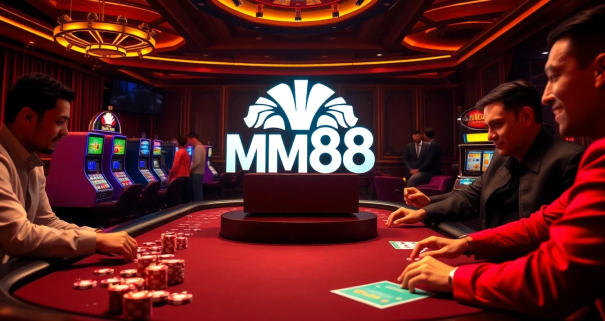 Betting excitement at MM88 casino with vibrant tables and high-end gaming elements.