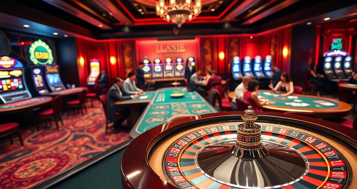 Experience the excitement of gambling at new88 com with elegant casino visuals featuring roulette and poker tables.