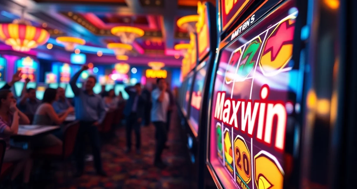 slot maxwin pemain merayakan kemenangan di mesin slot kasino yang cerah