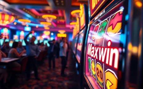 slot maxwin pemain merayakan kemenangan di mesin slot kasino yang cerah