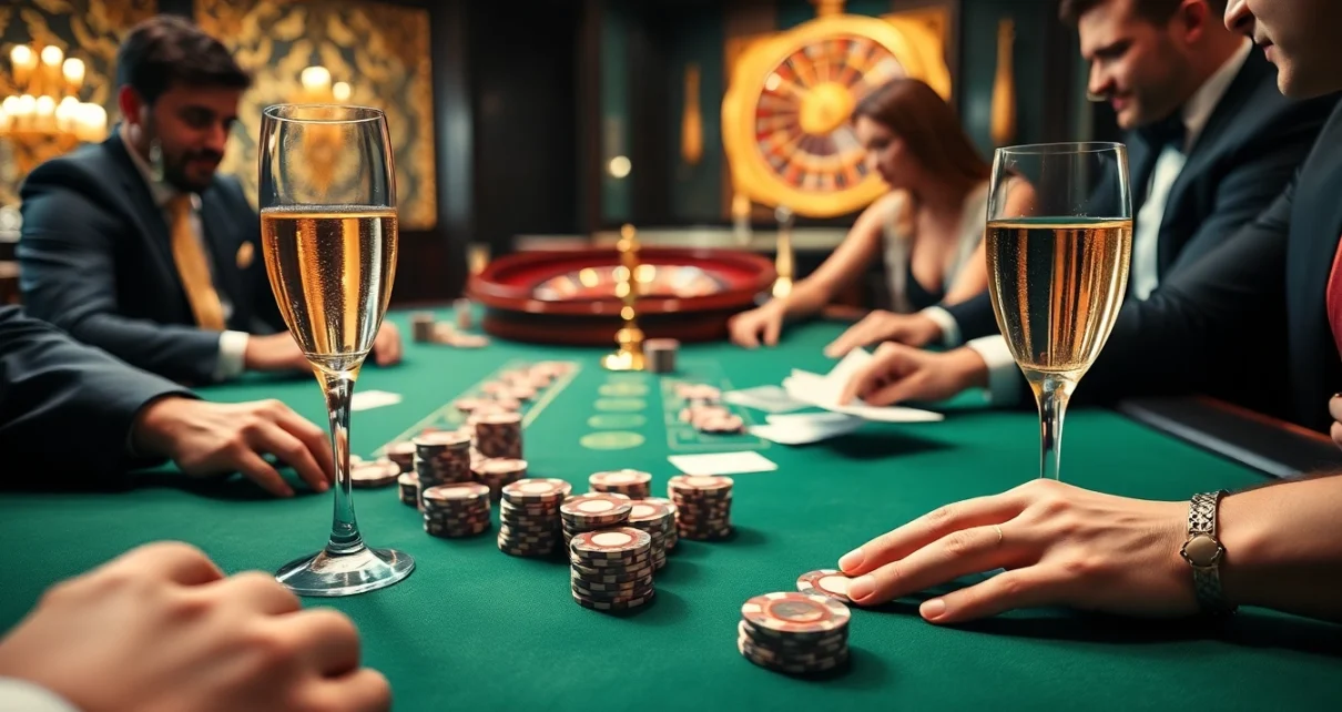 Players engaged in an exciting poker game at 32win's luxurious casino table.