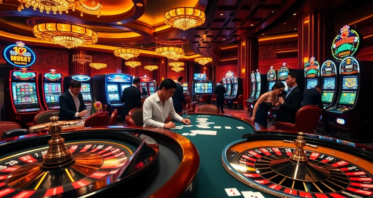 Engaged gamblers at mm88-themed poker and roulette tables in a vibrant casino scene.