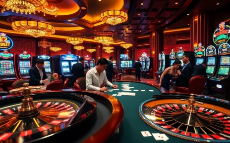 Engaged gamblers at mm88-themed poker and roulette tables in a vibrant casino scene.