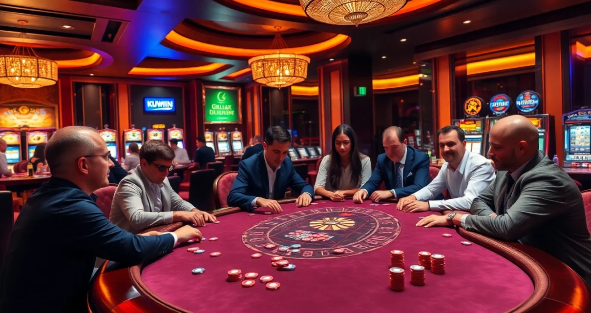 Kuwin players engaging in a thrilling poker game at a luxury casino table.