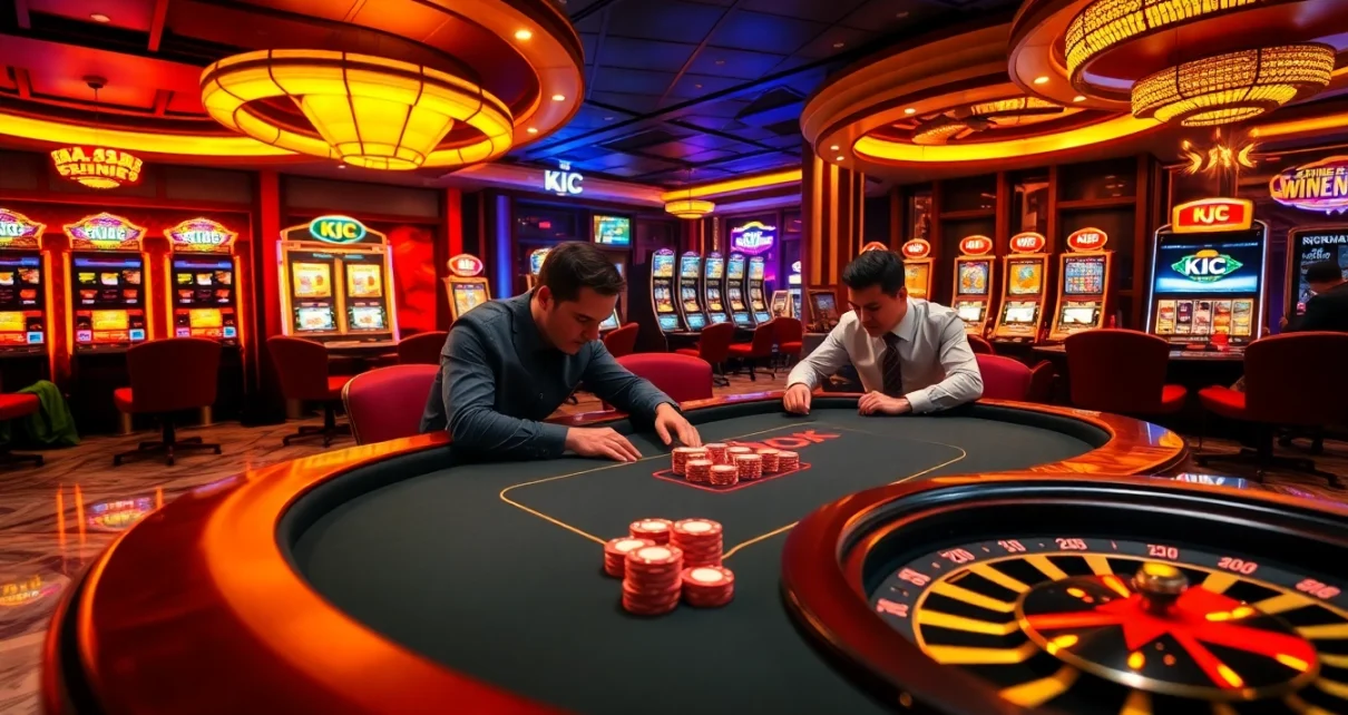 KJC branded casino scene featuring a luxurious poker table and vibrant chips.