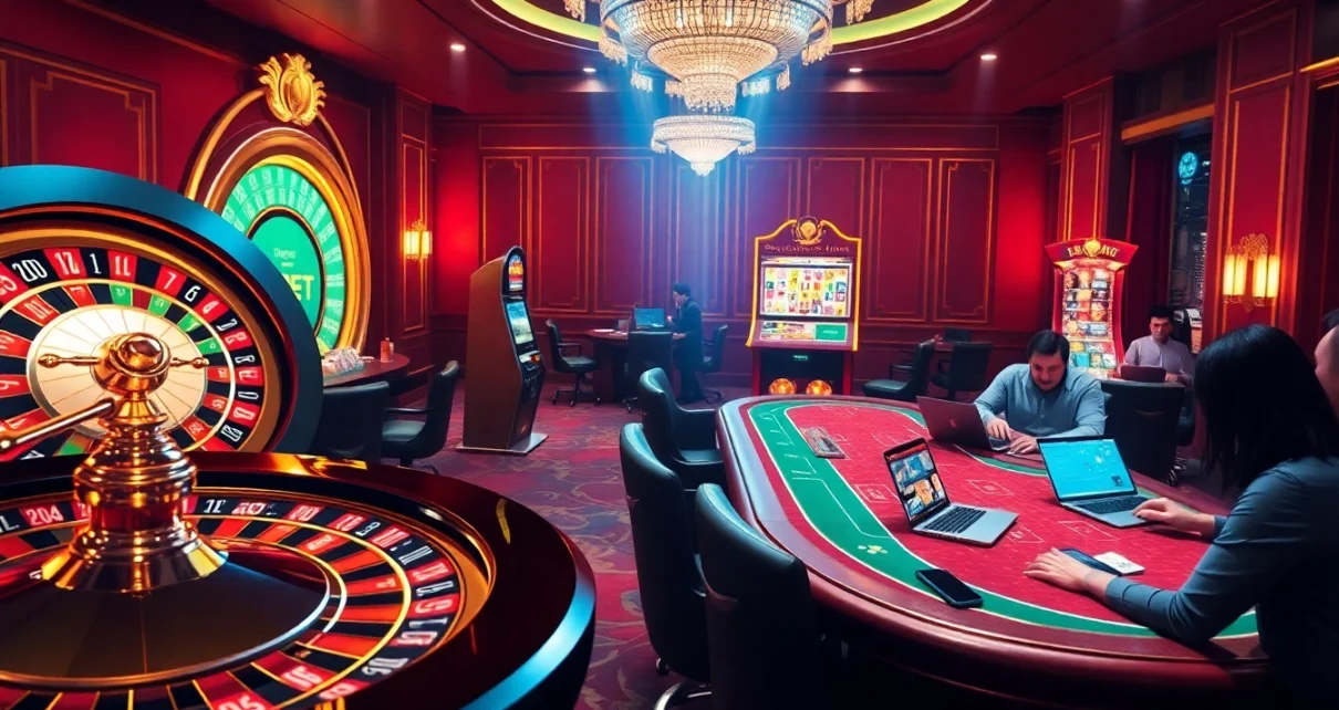 Experience excitement at Nhà cái 888VI with vibrant casino gaming, roulette, and slot machines.