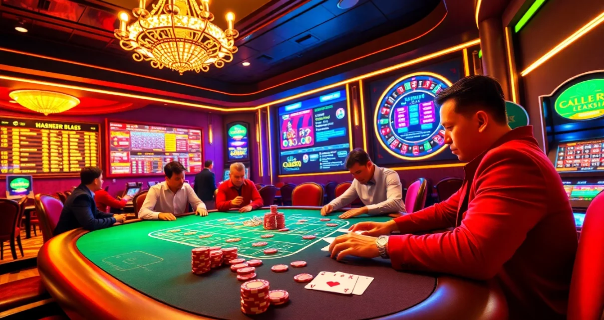 Exciting poker gameplay at https://mm88.bar/ with chips and roulette wheel in a vibrant casino scene.