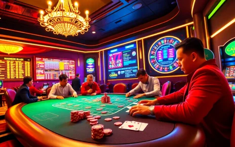 Exciting poker gameplay at https://mm88.bar/ with chips and roulette wheel in a vibrant casino scene.