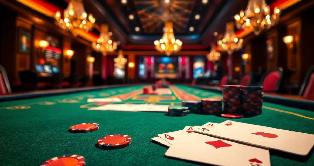 Menghadirkan pengalaman bermain luxury777 game yang megah dengan kartu dan chip di meja kasino.