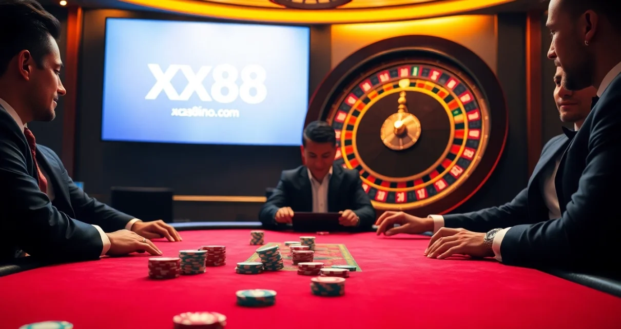 Playing poker at https://xx88casino.com with vibrant chips and roulette in an upscale casino setting.