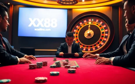 Playing poker at https://xx88casino.com with vibrant chips and roulette in an upscale casino setting.