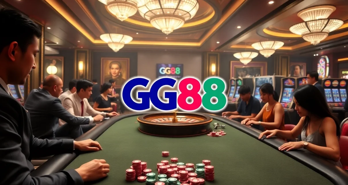 Play exciting games at GG88 Casino, featuring poker tables and vibrant chip colors.
