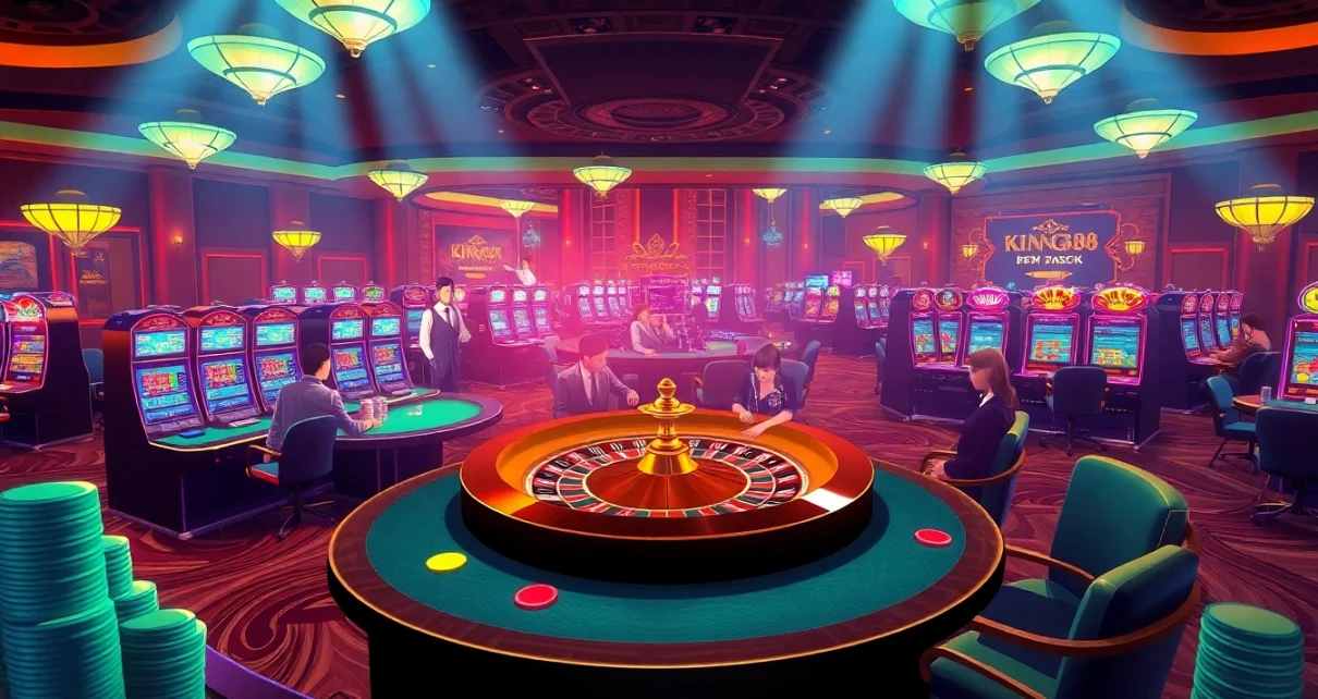Experience the excitement of KING88 with vibrant casino tables and lively betting action.