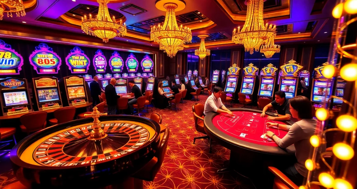 Excited gamblers engaging at the gaming tables and slot machines on Trang Chủ 78WIN, highlighting excitement and luxury.