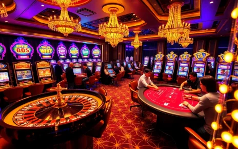 Excited gamblers engaging at the gaming tables and slot machines on Trang Chủ 78WIN, highlighting excitement and luxury.