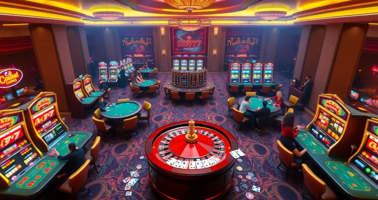Play exciting games at IH777 casino, showcasing vibrant slot machines and immersive gaming tables.