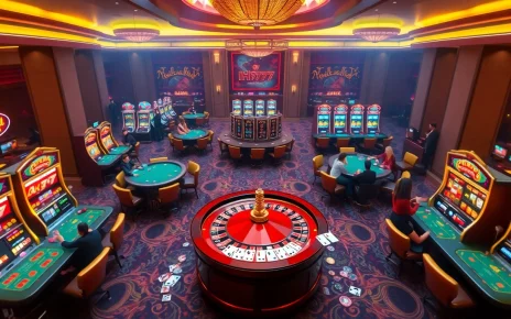 Play exciting games at IH777 casino, showcasing vibrant slot machines and immersive gaming tables.