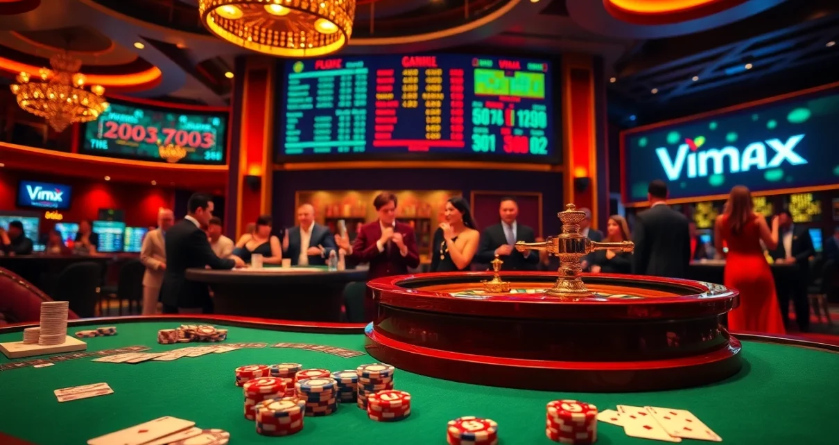High-stakes gaming atmosphere at Vmax casino with roulette wheel and poker chips.