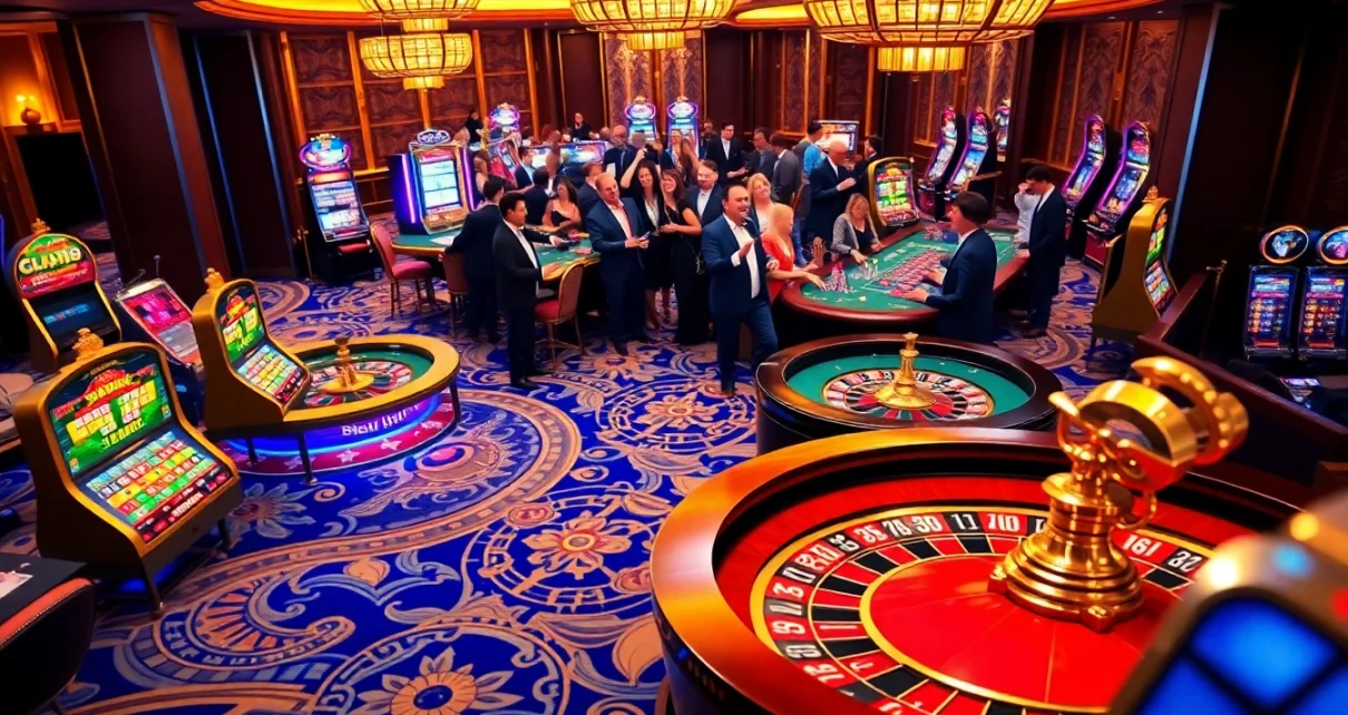 Exciting casino scene showcasing jw8 ทางเข้า with vibrant gaming tables and lively players.