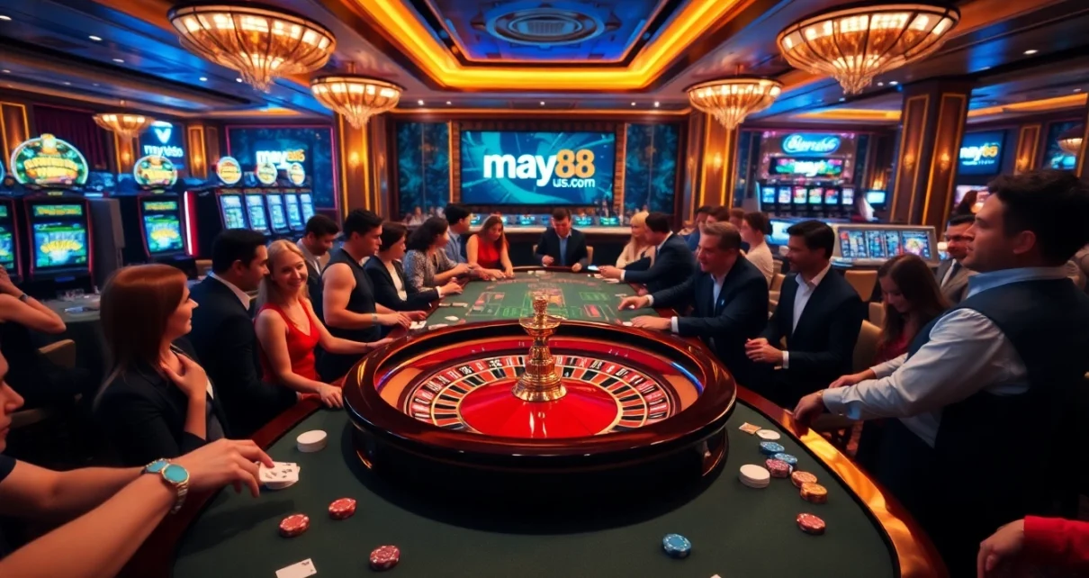 Witness the thrilling atmosphere at may88us.com with players engaged in a high-stakes casino game.