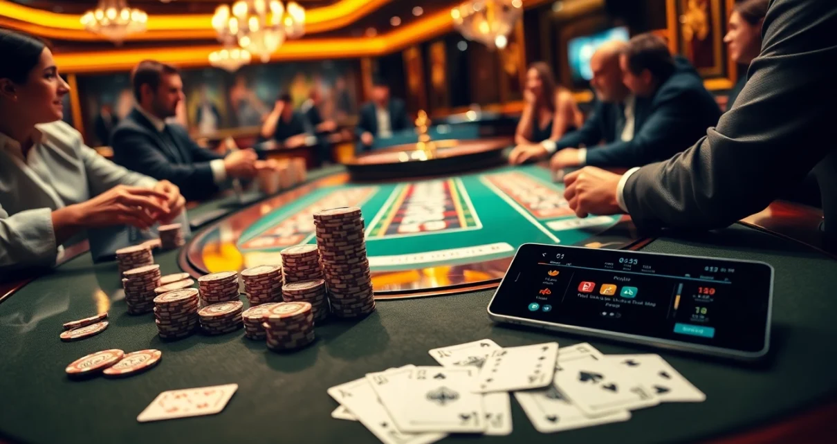 Experience the thrill of professional gambling at Jun 88's glamorous casino, featuring a poker table and vibrant gameplay.